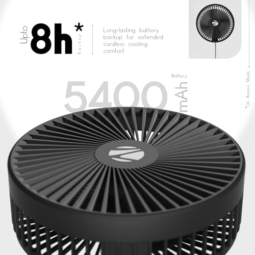 Image of Zebronics Heat Buster 500 Portable Tower Fan, 6000 RPM, Up to 8H Backup, 3 Speed+Breeze Mode, 5400mAh Battery, Telescopic & Foldable Design, Type-C Charging, Suitable for Car, Black