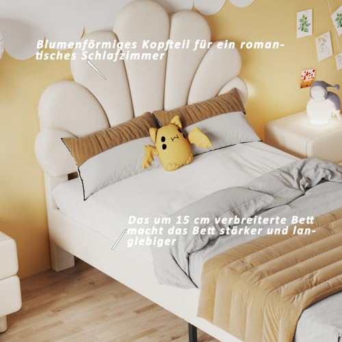 Merax Kinderbett Mädchen 90x200 cm, Polsterbett Kinder mit Blumen-Kopfteil und Lattenrost, Jugendbett Einzelbett aus Samtstoff, Bett Kinder für Teenager und Gästezimmer