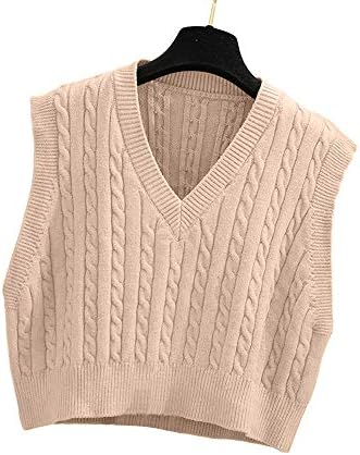 Lailezou Women's V-Neck Knit Sweater Vest Solid Color Argyle Plaid Preppy Style Sleeveless Crop Knit Vest Khaki