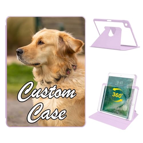 Custom 360 Rotating Case for iPad 6th / 5th Generation 9.7 inch (2018/2017) with Pencil Holder,Personalized Photo Name Logo Rotation Protective Folio Stand Cover Clear Back Auto Wake/Sleep (Purple)