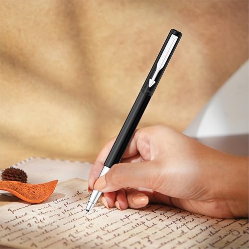 Image of Parker Vector Standard Chrome Trim Roller Ball Pen and Silver Key Chain, Black Body, Blue Ink, Medium Point - Gift Set for Professionals, Executives, and Students