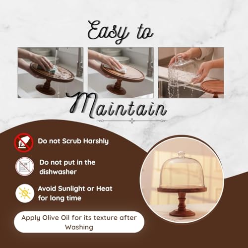 Image of Acacia Wood Cake Stand with Glass Dome | 11 x 15 Inch Brown Multipurpose Serving Platter Handcrafted for Cakes, Pastries & Cupcakes | Protective Glass Dome Keeps Food Safe from Insects & Flies | Decorative Stand & Cake Plate for Cake Cutting