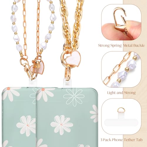 Landical 2 Pcs Beaded Phone Wrist Strap Bracelet Strap Cell Phone Charms with 3 Tether Tabs Chain Wristlet for Women Men Wallet Keychain Camera(Pearl Double Chain A) - image 4