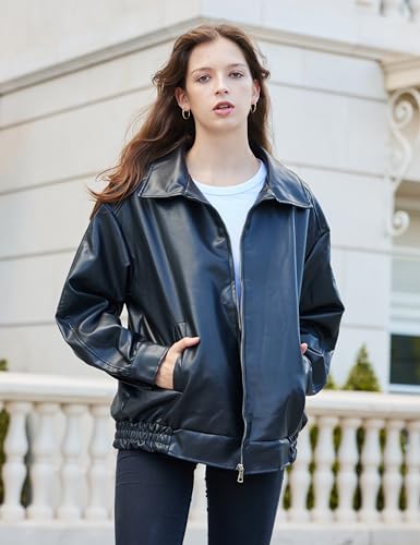 Womens Oversized Faux Leather Motocycle Jacket Zip Up Outwear Coat with Pockets3