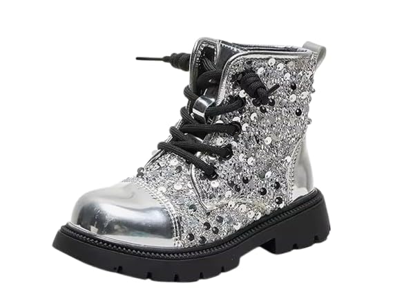 Sequence Grey Toddler Combat Boots, Glitter Sequin Design, Silver Metallic Toe, Black Platform Sole, size 28 kids