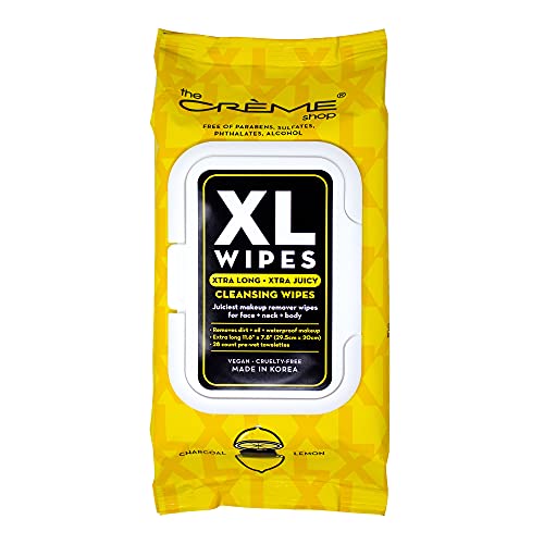 The Crème Shop XL Cleansing Wipes with Charcoal & Lemon - Juiciest Makeup Remover Wipes for Face, Neck and Body (28 Wipes)