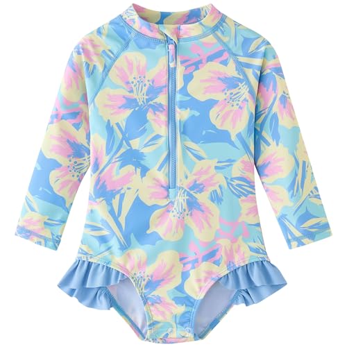 Image of UMELOK Baby Girls One Piece Swimsuit Infant Bathing Suit Long Sleeve Rash Guard Swimwear with UPF 50+ Sun Protection