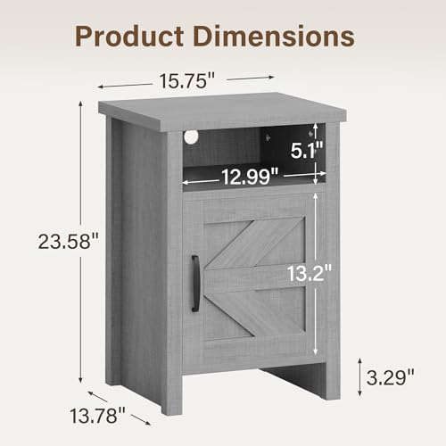JUMMICO Farmhouse Nightstand, Modern Bedside Table with Barn Door and Shelf, Rustic End Table Side Table for Bedroom, Living Room (1, Grey)