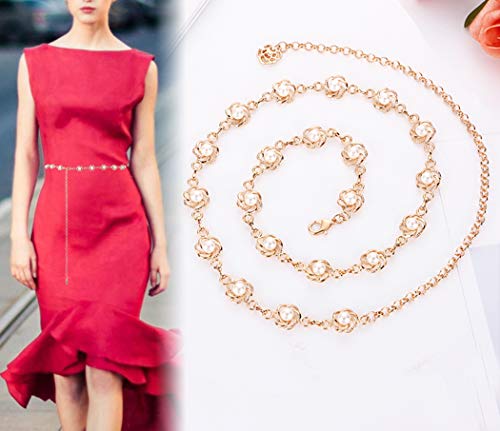 Women's Metal Chain Flower Pearl Belts Gold Silver3