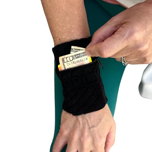 Sprigs Wallet Wristband - Zipper Pocket Running Key Holder - Sweatband for Exercise & Fitness - Jet Black, Small/Medium