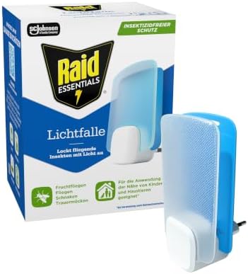 Raid Essentials LED Lichtfalle, Insektizidfrei, 1 & 1 Nachfüllpackung | Lichtfalle gegen Fliegen & Motten, 24/7 Schutz, Familienfreundlich, Ohne Rückstände, Für den Innenbereich, I