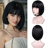 T-color Black Bob Wigs for White Women - 12'' Short Bob Wigs With Bangs Natural Fashion Synthetic Wig Colorful Synthetic Hair for Daily Cosplay Halloween