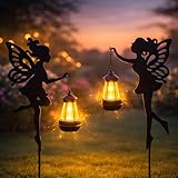 Solar Fairy Garden Accessories Outdoor 1 Pair - Metal Stakes Decorative Figurines Housewarming Ornament for Patio, Lawn, Yard, Pathway - Unique Gift Ideas for Gardening Mom Grandma (Warm Lighting)