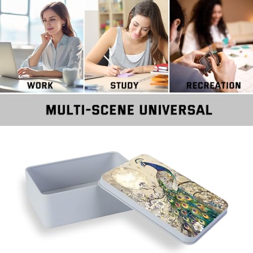 Image of Metal Tin Box with Lid,Multi-functional Storage Large Box Can Store Tea Biscuits Game Cards, Playing & Tarot Cards-Comes with 4 Magnetic Cord Clips,Peacock by Moon