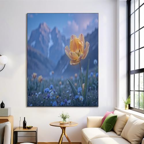 Affiche montagnes et tulipes impression sur toile 70x100 cm pour decoration murale