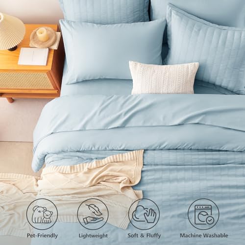 Image of CozyLux Oversized Queen Comforter Set with Sheets, 7 Pieces 98 inchx98 inch Light Blue Seersucker Bed in a Bag, Luxury Soft All-Season Bedding Sets with Down Alternative Comforter, Sheets, Pillowcases & Shams