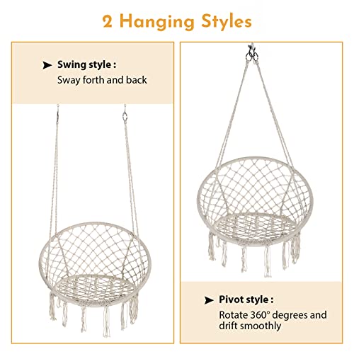 Image of Garpans Hammock Chair Macrame Swing Set of 2 Bohemian Style Hammock Swing Chair with Tassels Hanging Swing Chair Handmade Knitted Cotton Rope for Indoor Outdoor Bedroom Patio Max 330 Lbs Beige