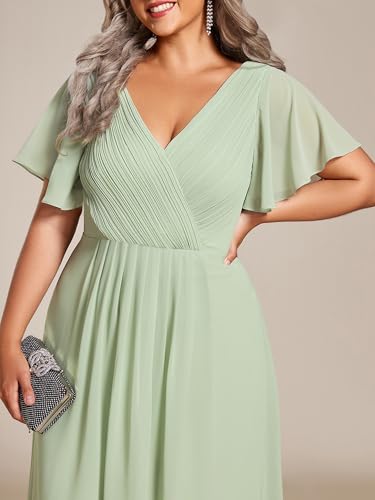 Image of Ever-Pretty Plus Summer Short Sleeves V-Neck Formal Wedding Guest Dresses for Curvy Women Chiffon Midi Cocktail Party Dress