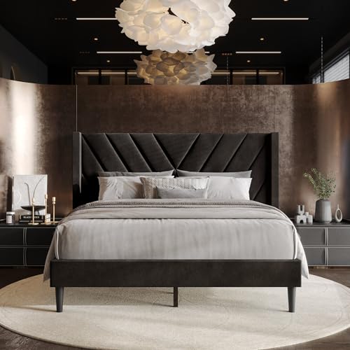 Castle Place King Platform Bed Frame with Chevron-Stitched Wingback Headboard, Velvet Upholstery, No Box Spring Needed, Easy Assembly, Brown