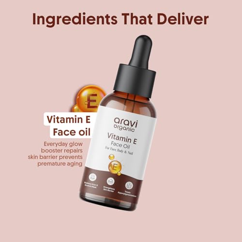 Image of Aravi Organic Vitamin E Oil For Face - Best Oil For Body and Nail - Enriched Veg Vitamin E Source - For Nourish Your Face and Repair Damaged Skin - 30 ml