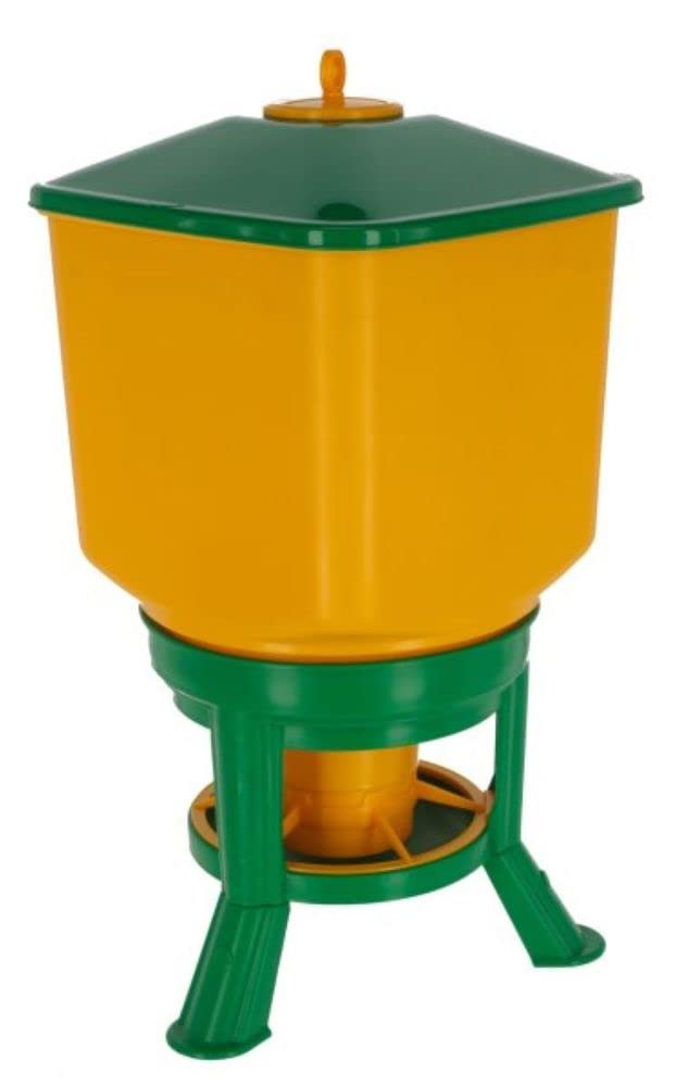 Kerbl Hobbyfarming Futterautomat mit Standfüßen, Futterspender, Kunststoff, 50l, gelb/grün, werkzeuglose Montage, große Öffnung, einfache Reinigung