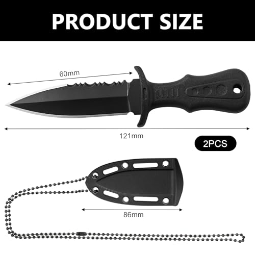 2Pcs Neck Knife Kette 121mm Outdoor Ketten Messer Edelstahl mit Gezackt mit Kunststoffscheide und Kugelkette für den Einsatz im Freien Selbstverteidigung