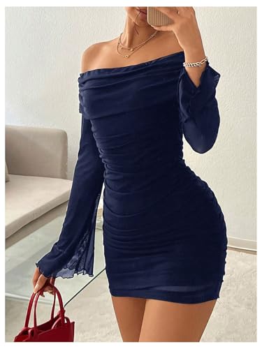 Image of SOLY HUX Women's Ruched Mesh Off Shoulder Bodycon Mini Dress Bell Long Sleeve Club Party Dresses