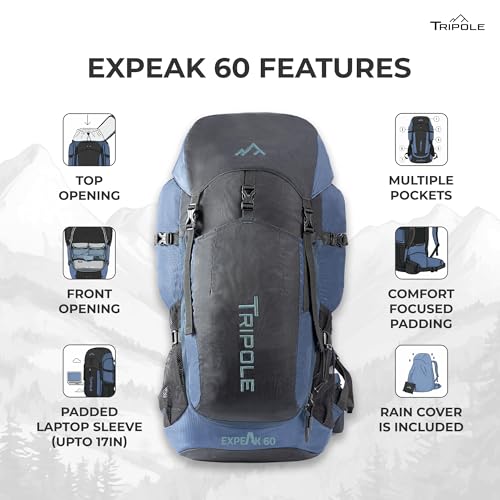 Image of TRIPOLE Expeak 60L Rucksack Bag for Men & Women | Front Opening, Laptop Compartment & Raincover | Trekking, Hiking & Backpacking