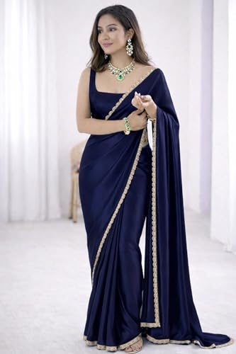 Image of SATAZ Ready To Wear Saree For Women Pre Pleated Satin Silk Readymade With Unstitched Blouse (Navy Blue)