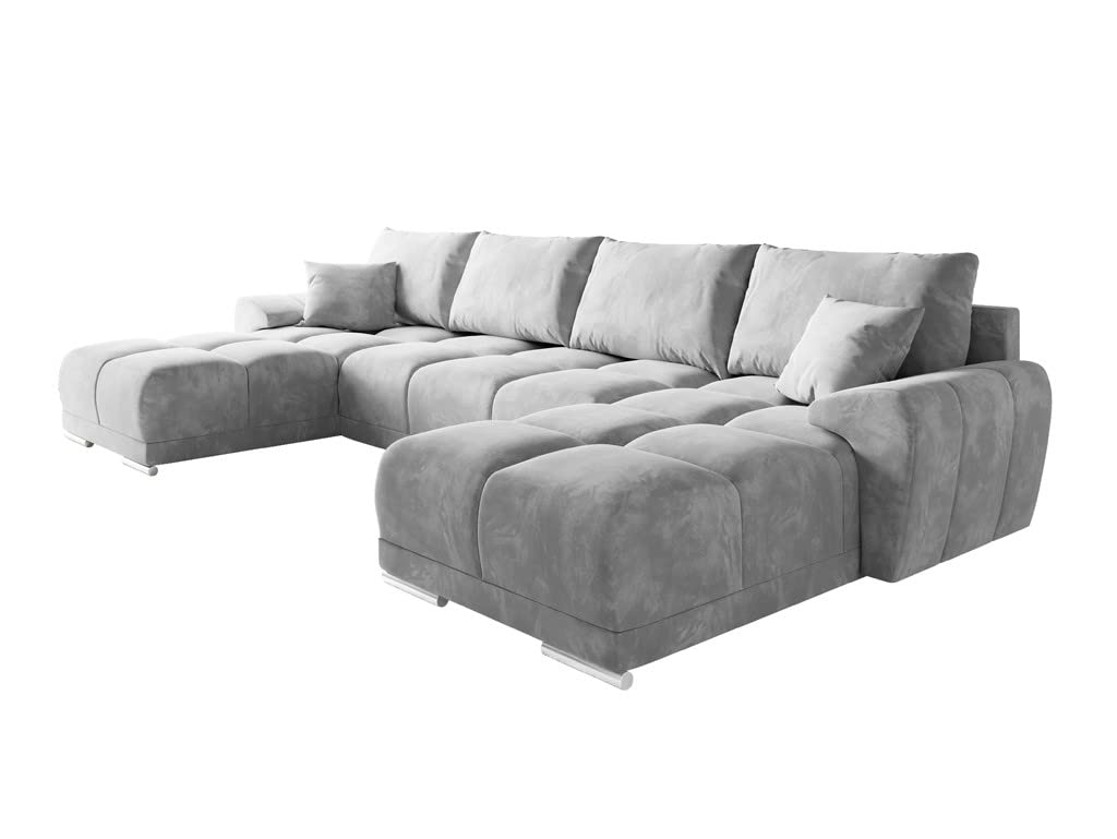 Ecksofa Samt in U-Form 365 x 189 cm - Sofa mit Stauraum und Kissen - Ausziehbares Schlafsofa - Ecksofa mit Schlaffunktion- Schlafsofa - Bettfunktion Hellgrau
