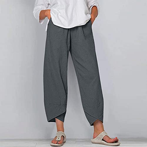Image of Cotton Linen Capri Pants for Women 2025 Casual Printed Cropped Palazzo Pants Elastic Waist Lounge Baggy Trousers