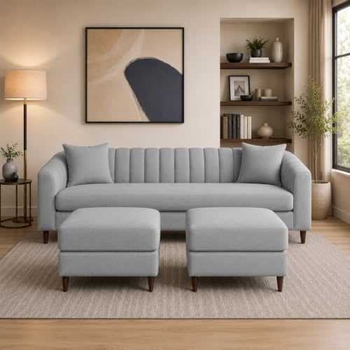 Image of Doraldo 3 Seater Sofa Set with 2 Ottoman for Living Room (Grey) Premium Fabric Sofa
