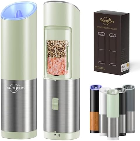 Sangcon Gravity Electric Salt and Pepper Grinder Mill Set With Safety Switch, Battery Powered with LED Light, Adjustable Coarseness, One Hand Automatic Operated Kitchen Gadgets, (Set/Grass Green)