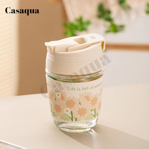 Image of Glass Tumbler with Lid & Pearl Handle - 350ml, Set of 1, Cute Floral Printed Coffee Mug, Portable Leakproof Drinking Cup for Water, Juice, Iced Coffee, Milk Tea, Travel & Office Use