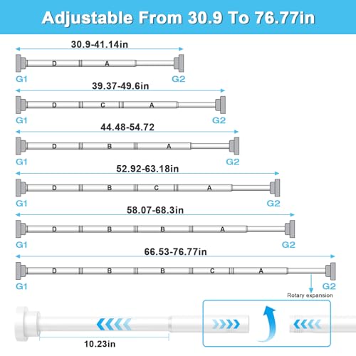 Image of Tension Curtain Rod 30 To 76 Inch White Tension Rods Adjustable Spring Loaded Curtain Rods 7 /8 inch Curtains Rods No Drilling Tension Rods For Windows Bedroom Closet Doorway Door 2pcs