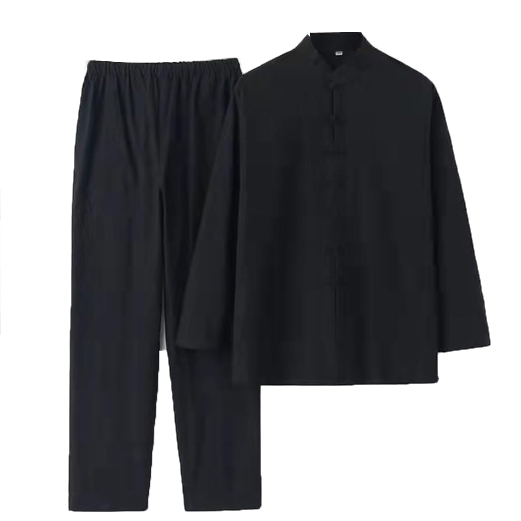 ZHOUXIAO Puro Cotone Tai Chi Uniforme Uomo Kung Fu Abbigliamento Manica Lunga Abiti Tradizionali Cinesi, Abbigliamento da Sizetang Ampi Giacche di Pantaloni Hanfu Giacche Mar Black-L