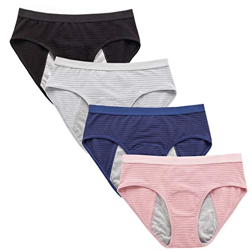 Kissecret Ropa Interior Menstrual de algodón para Mujer Pack de 4 Bragas Transpirables a Prueba de Fugas para Adolescentes Bragas de protección de Flujo Pesado (L, 4 Colores)