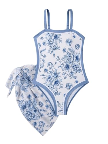 WDIRARA Girl's Two Piece Floral Print Bikini Set Bathing Suit Monokini with Tie Side Beach Skirt