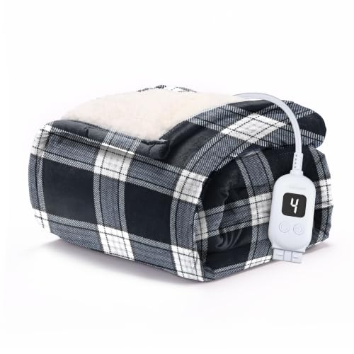 Image of Sunbeam Heated Throw Blanket Flannel Sherpa 4 Heat Charcoal Plaid 50x60