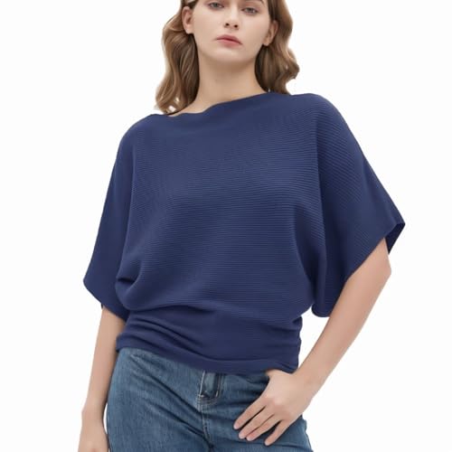 EDSTAR Boat Neck Batwing Sleeves Dolman Knitted Sweaters Autumn/Winter Pullovers Tops for Women (Short Sleeve Dark Blue)