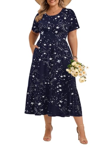 Image of LARACE Plus Size Dresses for Women Summer Maxi Casual Dress with Pockets | plus size summer dresses women, soft rayon, flowy maxi, short sleeve, pockets, flattering & covers belly, beach wear, L-6XL