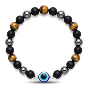 Triple Protection Bracelet for Men, Tiger Eye Hematite & Matte Black Beads & Evil Eye, Stretch Bracelet with Blue Evil Eye Charm, Minimal Symbolic Jewelry Gift for Him