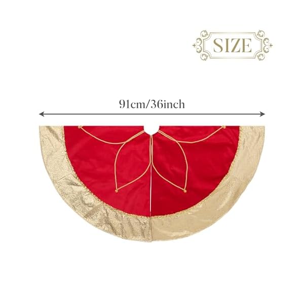   Valery-Madelyn-Christmas-Tree-Skirt-for-Tree-Decorations-36-Inch-Fabric-Luxury-Red-Gold-Large-Xmas-Velvet-Tree-Skirt-with-Embroidery-Flower-Golden-Baroque-Border-Tree-Merry-Christmas-Party-Decor
