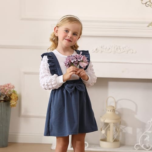 Baby Girl Toddler Corduroy Dress Outfit Sets Bubble Long Sleeve Ribbed Top and Jumper Skirt Fall Clothes 12M-5Y2