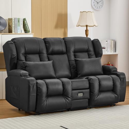 Image of IPKIG 67 inch RV Loveseat Double Recliner Sofa with FILP Back Console, Storage Drawer, Side Pockets, Faux Leather Manual Reclining Chair Home Theater Seating (Black)