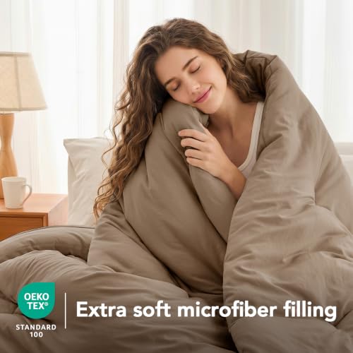 Image of Quataly California King Comforter Set Prewashed Lightweight Quilted Bedding | 3PCS Taupe Brown Breathable Down Alternative Bedding Set with 1 Solid Comforter (104 inchx96 inch) and 2 Soft Pillowcases