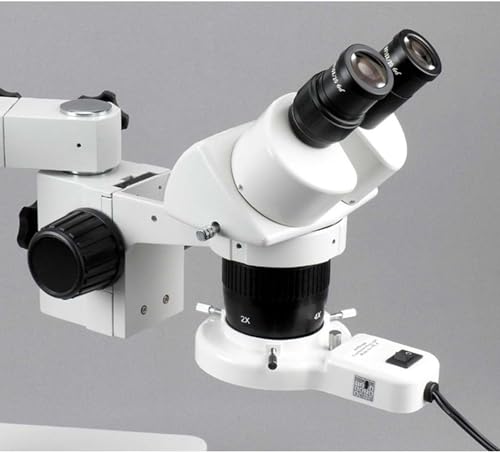Image of AmScope SW-3B24-FRL Binocular Microscope, WH10x Eyepieces, 10X and 40X Magnification, 2X /4X Objective, Single-Arm Boom Stand, 8W Fluorescent Ring Light, 110V-120V