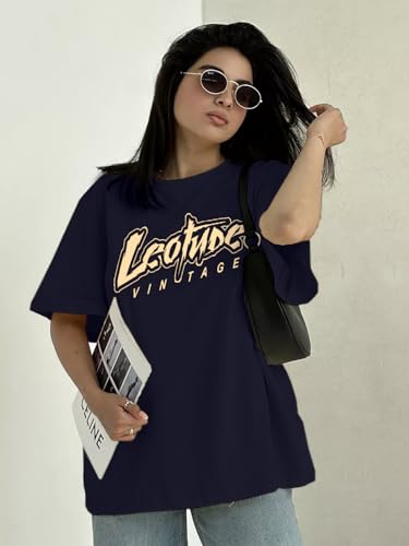 Image of LEOTUDE Women's Oversized Round Neck Half Sleeve Cotton Blend Graphic Printed T-Shirt | Top for Women & Girls (Color: Blue)