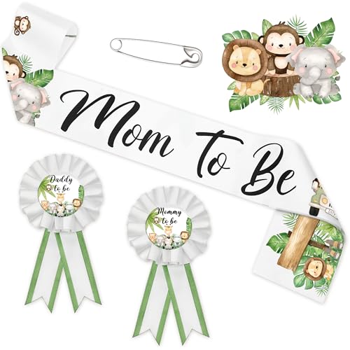 Safari Mom to Be Sash Baby Shower Decorations, Jungle Animals Mommy to Be Sash, Baby Shower Sash Mom & Dad to Be Badge Pins for Gender Reveal Party Photo Props