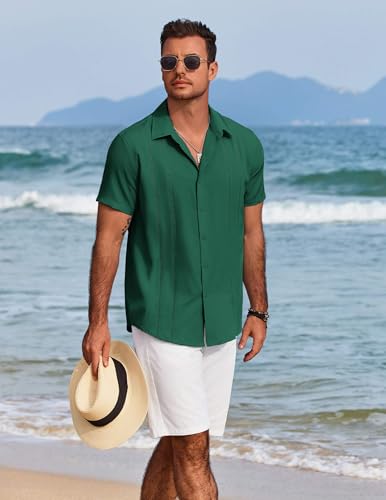 Image of COOFANDY Mens Cuban Guayabera Shirt Short Sleeve Button Down Shirts Summer Beach Vacation Shirts